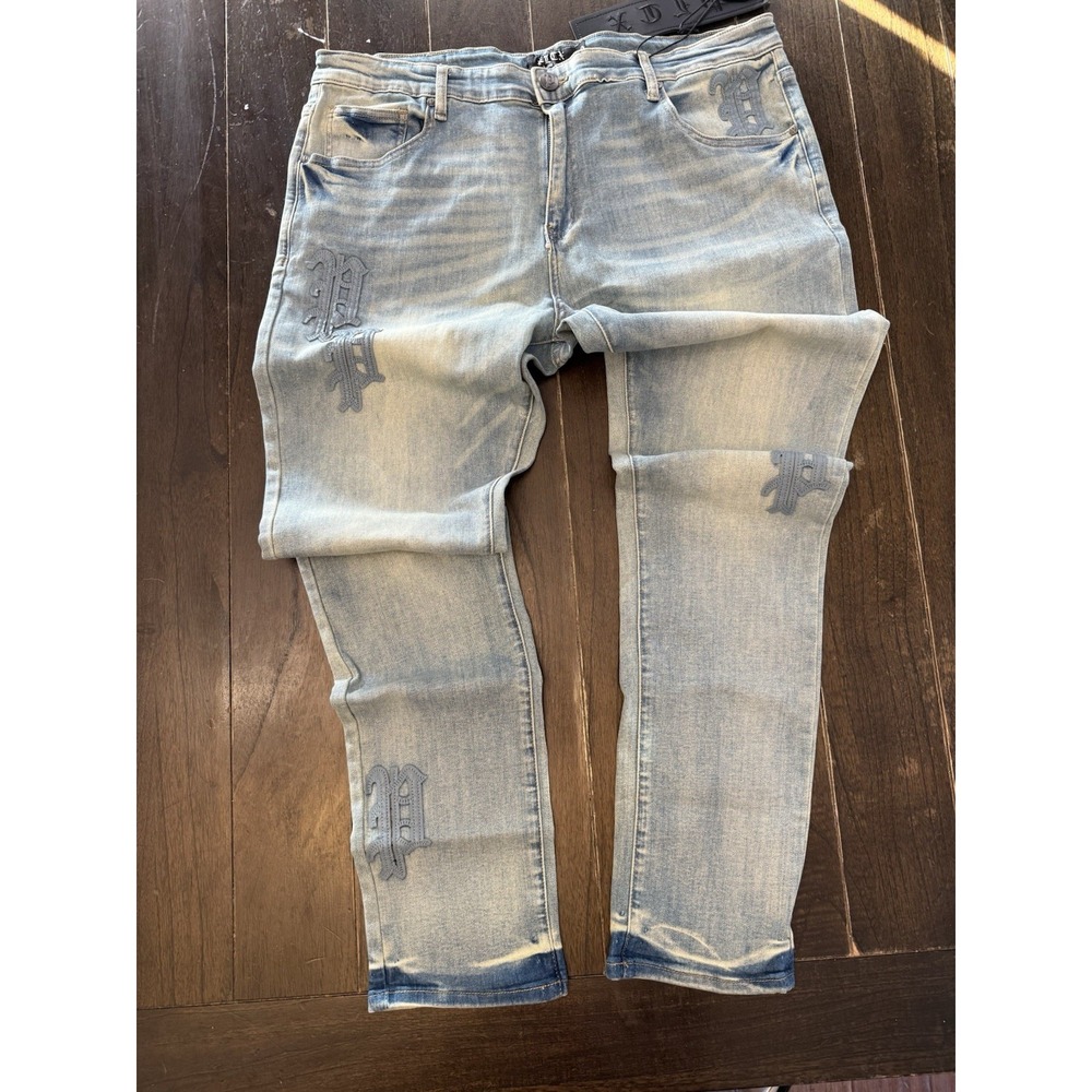PLTX Politics Jeans Mens 40 NWT Light Wash Gothic Logo Y2K Streetwear Denim